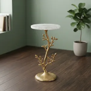 Modern <b>Round</b> Marble Top Side <b>Table</b> with <b>Gold</b> Branch Metal Base Decorative Accent Furniture for Living Room Bedroom - Product Image 1