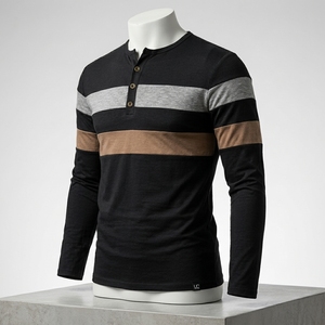Mens Black Henley Shirt Long Sleeve Color Block T Shirts Fashion Striped Cut Sew Cotton Knit Casual Pullover Tee Shirts - Product Image 4