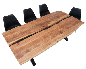 <b>Industrial</b> Furniture Solid Acacia Wooden Live Edge Irregular Shape Top With Center Black Plate Design Metal X Legs Dining <b>Table</b> - Product Image 2