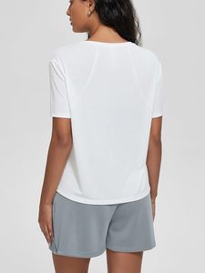Women's <b>White</b> V-Neck Short Sleeve <b>Crop</b> Top Regular Fit Knitted Cotton Casual Solid Color Breathable Eco-Friendly Quick Canvas - Product Image 5