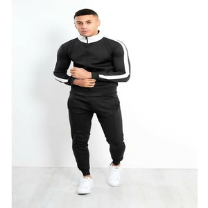 Conjunto Deportivo Slim Fit para Hombre, Chaqueta con Cierre y Cuello Alto con Franja Lateral Blanca y Negra, Pantalones Jogger con Puños, 2 Piezas, Venta al Por Mayor - Product Image 1