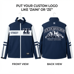 เสื้อแจ็คเก็ตซอฟต์เชลล์โพลีเอสเตอร์พรีเมียม 280 GSM สีกรมท่า-ขาว แต่งแผงสีตัดกัน ปักโลโก้ตามสั่ง ซิปเต็มตัว คอตั้ง - Product Image 1
