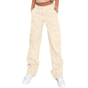 Pantalones Cargo Beige para Mujer, Corte Regular, Cintura Alta, Transpirables, Estilo Casual Urbano de Verano, Holgados, con Bolsillos - Product Image 1