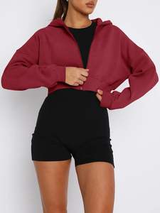 Sweat à capuche pour femme 100% coton abricot à fermeture éclair 1/4 Zip Jogger Crop Top avec col montant et logo avant pour l'hiver - Product Image 2