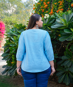 Embroidered Cotton Blend <b>Top</b> Light Blue <b>Keyhole</b> Neck Regular Sleeves Plus Size Women's SOLID Casual Wear Wholesale Ladies <b>Top</b> - Product Image 2