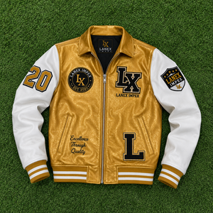 Custom Gold White Leather Varsity <b>Jacket</b> <b>Men</b> Luxury Letterman Bomber Chenille Embroidered Patches Front High Quality OEM Service - Product Image 6