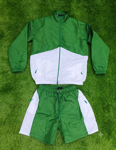 Unisex Green White Color Blocking Tracksuit Set Full Sleeve Zipper <b>Jacket</b> Shorts Quick Dry Polyester Sporty Adult Size - Product Image 1