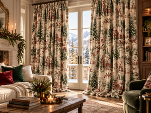 Rideaux d'hiver à motifs scéniques, beige, avec motifs de sapins de Noël et de chalets, occultants thermiques, style champêtre - Product Image 2