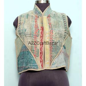 100% Cotton <b>Kantha</b> Waistcoat for Women Handmade Unique Winter/Spring Sleeveless Vest with Patchwork Logo Fabric Design - Product Image 6