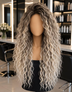 Perruque frontale HD ondulée bouclée avec mèches blond cendré, en cheveux humains vierges, prête à porter, sans colle, vente en gros - Product Image 1
