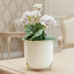 <b>Large</b> White Metal Flower Pot with Gold Plating Trim Durable Modern Minimalist Indoor/<b>Outdoor</b> Desktop <b>Planter</b> for Home Decor - Product Image 1