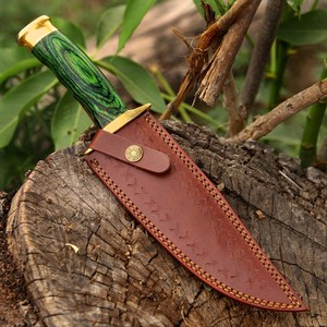 Couteau de chasse Bowie en acier 3cr13 avec manche en bois Pakka et embout en laiton, couteau de chasse et de camping avec étui en cuir - Product Image 6