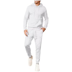 Ensemble de survêtement blanc à capuche pour homme, manches longues, couleur unie, décontracté, jogging, sweat-shirt et pantalon, coton respirant, vêtements d'automne - Product Image 1