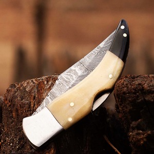 Cuchillo Plegable Artesanal de Grado Industrial/DIY, 7.5 Pulgadas, Acero de Damasco, Mango de Hueso y Cuerno, Clip de Cambio Rápido de 3mm, Punta Recta - Product Image 4