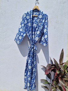 Bata de Baño Informal para Mujer, con Estampado Floral, Tejida, Cuello en V, con Cordón Ajustable, Manga 3/4, Largo hasta el Tobillo, 100% Algodón, Transpirable, para Verano - Product Image 1