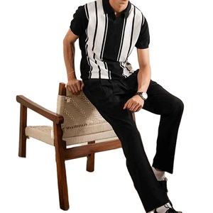 Camiseta Polo para Hombre, Negra y Blanca, con Rayas Verticales, Cuello en V Abierto, Premium de Verano, con Logotipo Personalizado - Product Image 6