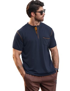 Camiseta Henley de Manga Corta para Hombre, Color Azul Marino, con Ribete en Contraste, Corte Regular, Estilo Casual, Tejido de Punto, Color Sólido, Diseño de Cuello Redondo - Product Image 6