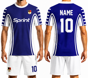 Ensemble de maillot de football personnalisable pour homme, bleu et blanc, manches courtes, impression sublimée, polyester à séchage rapide 180g, toutes saisons, coupe adulte - Product Image 1