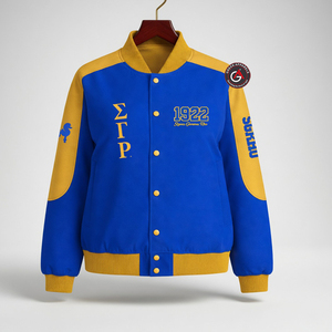 Veste de course personnalisée Sigma Gamma Rho Sorority 1922 avec logo brodé bleu et or, style racing pour femme, avec doublure en polyester - Product Image 5
