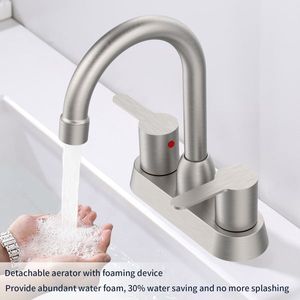 Rubinetto per lavabo bagno a 2 maniglie resistente, in nichel spazzolato, per camper, con montaggio centrale per lavabo a 3 fori con sensore - Product Image 4