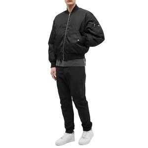 Men's Black Bomber <b>Jacket</b> Solid Color Zipper Closure Stand Collar Casual Windproof Polyester Wadding Autumn Wear - Product Image 3