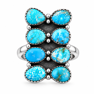 Anillo Grande de Turquesa Navajo, Hecho a Mano, Estilo Bohemio Occidental, Joyería con Piedras Preciosas en Racimo, Ajustable, Moda del Suroeste - Product Image 6