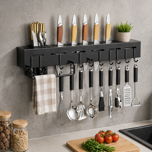 Wall-mounted <b>Storage</b> Organizer <b>Kitchen</b> Knife Spoon Utensils Wall-mounted Holder <b>Rack</b> with Towel Hanger - Product Image 1