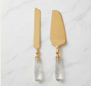 Ensemble de 2 couteaux et spatules à gâteau dorés avec manche en cristal, spatule métallique inclinée, outils à gâteau pour les fêtes - Product Image 1
