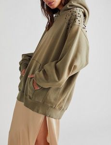 Sweat à capuche zippé pour femme, coupe ample et oversize, épaules tombantes, effet vieilli, broderie, délavé à l'acide, couleur unie, respirant, séchage rapide, style vintage, avec rivets - Product Image 4