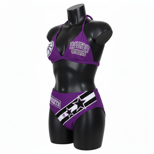 Conjunto de bikini de lujo de poliéster y spandex, color morado, tela suave y elástica, paneles con rayas y estrellas en contraste, parche con logo, conjunto de bikini para mujer. - Product Image 5