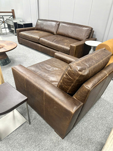 Luxury Dark Brown Real Leather <b>Sofa</b> 2 Seater Large Couch Fits 3 People <b>with</b> Square Boxy Arms Living Room Couch Furniture - Product Image 6