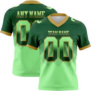 Maillot de football américain prêt pour le tournoi, col en V, manches courtes, vert et or, sublimé, 100 % polyester, vêtements de sport pour hommes - Product Image 1