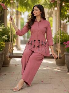 Conjunto de Kurti y Palazzo de Algodón Rosa con Bordado a Mano, Estilo Informal para Mujer, Corte Holgado, Largo hasta el Tobillo, Ropa de Primavera, Estilo India-Pakistán - Product Image 3