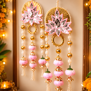 กระจกแขวนดอกบัวสีชมพูพร้อมพู่ไข่มุกลูกปัดสีทองสำหรับงานแต่งงานดิวาลีตกแต่งผนังบ้าน - Product Image 1