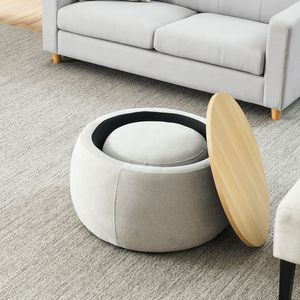 Light Grey 25\"x25\"x14.7\" Round Storage Ottoman 2-in-1 Function Use As End <b>Table</b> and Small Seat <b>Stools</b> & Ottomans" - Product Image 5