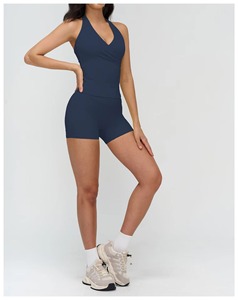 Custom Wholesale High Waist Yoga <b>Shorts</b> & Reversible <b>Sports</b> Bra Set Ribbed Fabric <b>with</b> Custom Thin Straps - Product Image 3