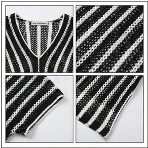 Women's Striped Knitted Swimdress V-Neck Hollow Out Stretch Beachwear Regular Fit Short Sleeve Textured Pattern - Product Image 4