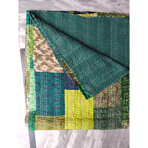 Colcha Kantha de patchwork hecha a mano, reversible, de algodón, verde multicolor, para todas las estaciones, manta decorativa, regalo para ella - Product Image 3