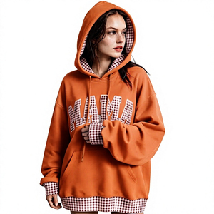 Sudadera casual oversize naranja para mujer con estampado de letras, forro de guinga, hombros caídos y bolsillo canguro - Product Image 1