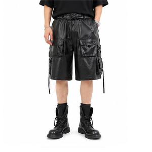 Shorts en similicuir streetwear pour homme, taille élastique, motif uni, logo personnalisé, noir, décontracté, respirant, séchage rapide, taille mi-haute - Product Image 1