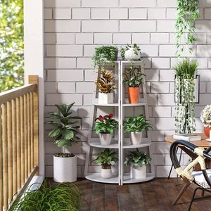 Libreria Angolare Moderna in Bambù a 4 Ripiani da 47,2 Pollici con Scala Aperta e Espositore per Soggiorno - Product Image 4