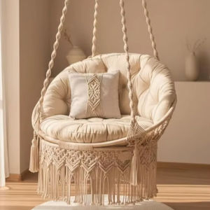 Silla Colgante de Macramé Individual – Silla Columpio Boho Crema con Cojín, Macramé para Interiores y Exteriores - Product Image 1
