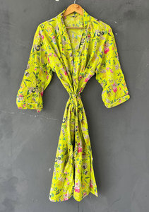 Bata Kimono Larga de Algodón con Estampado Floral y Cuello en V, Bata de Baño de Manga Larga de Corte Holgado, Ropa de Estar Ligera, Transpirable y Suave - Product Image 1