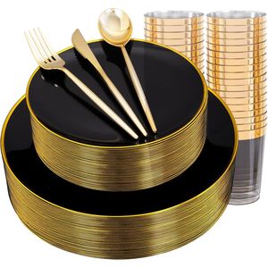 Set di Stoviglie Monouso EI 180 Pezzi, Piatti in Plastica Nero e Oro, Posate e Bicchieri per Feste, Kit di Forniture per Feste Usa e Getta - Product Image 1