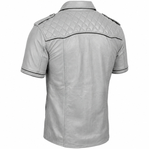 <b>Mens</b> Vintage <b>Black</b> Leather Waterproof Breathable <b>Shirt</b> <b>Short</b> <b>Sleeve</b> Genuine Cowhide Button Casual Biker Quilted Shoulders - Product Image 2