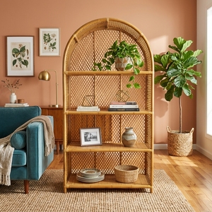 Estantería Arqueada Bohemia de Ratán Natural y Madera Maciza de 4 Niveles, Estante de Exhibición con Tejido de Mimbre Hecho a Mano, Librería Arqueada para Sala de Estar - Product Image 4