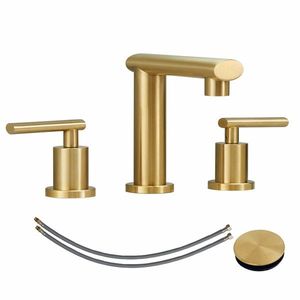 Rubinetto per lavabo bagno da 8 pollici, finitura oro spazzolato, a 3 fori, a basso profilo, con scarico a scomparsa in metallo, per lavabo. - Product Image 1
