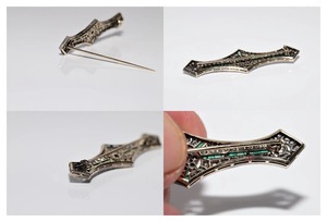 Broche vintage de plata 925 chapado en oro de 14k con moissanita, diamante y esmeralda, y diamante redondo para mujer y hombre. - Product Image 5