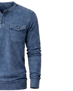 Sudadera Henley de Manga Larga para Hombre, Lavado Ácido, Azul Denim, Estilo Casual con Botones y Bolsillos, Prenda de Invierno, Algodón, Corte Ajustado - Product Image 4