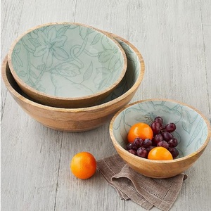 Customized <b>Dinnerware</b> Bowls Sticker Enamel Printed Bowl Acacia Wooden Bowl for Serving Delicious Pasta and Dessert - Product Image 4